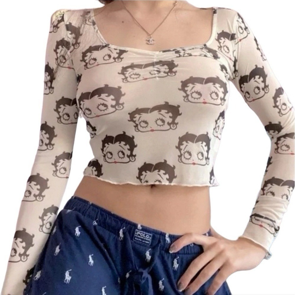 Betty‎ Boop Sheer Mesh Cropped Top Large Beige Lettuce Hem Y2k 90s Style *flaw